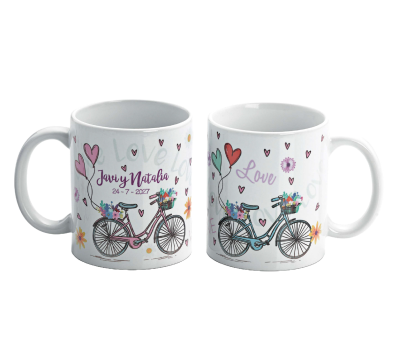 taza bicicletas personalizadas con nombres y fecha de los novios coo detalle de boda para los invitados